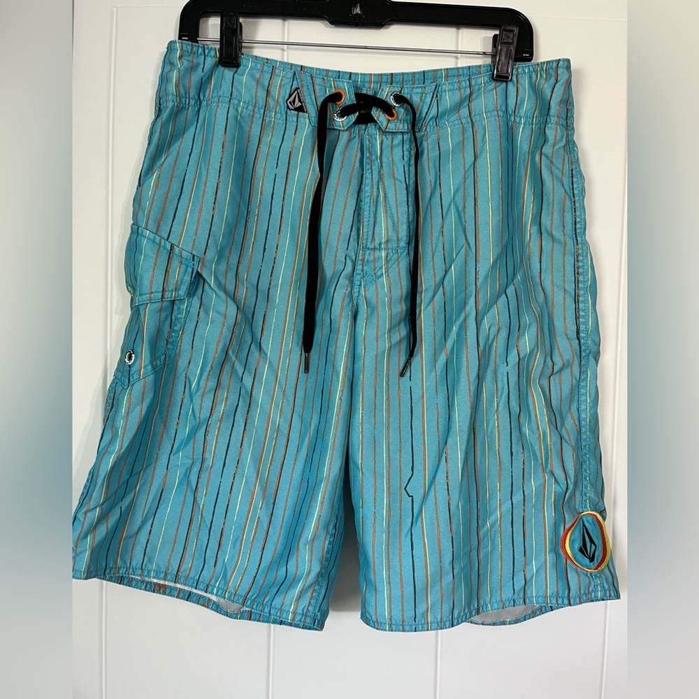 Volcom Blue and Orange Board Shorts with Stripes